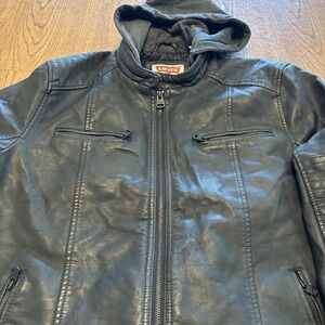 Levis Jacket‎ Black Faux Leather Moto Racer Hooded Zip Coat Men's Large Quilted
